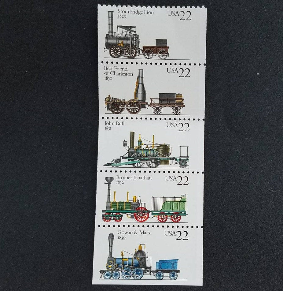 Five (5) vintage unused postage stamps - Steam engines // 22 cent stamps, face value 1.10