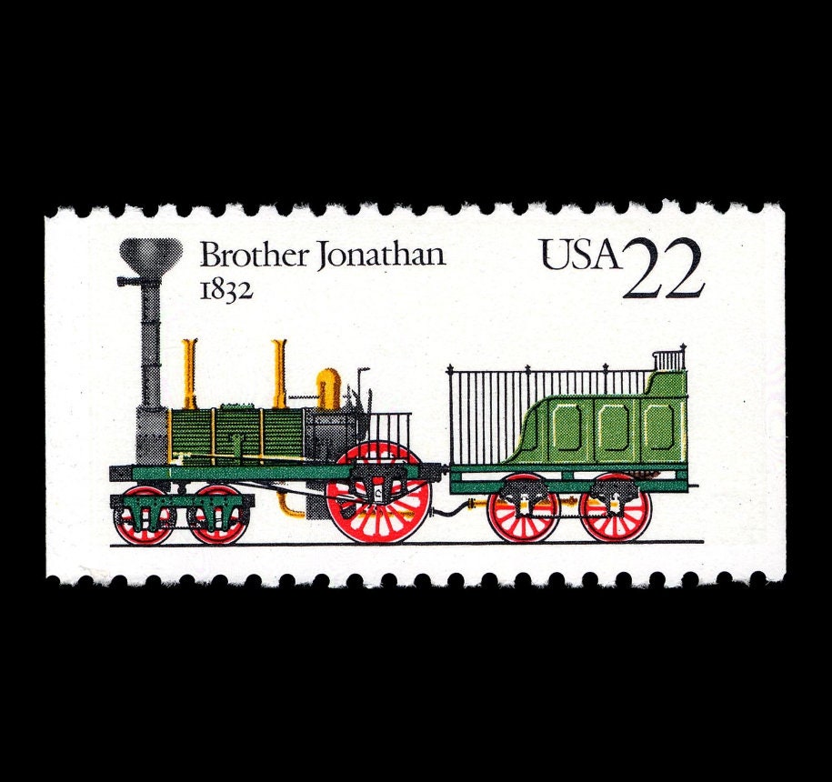 Five (5) vintage unused postage stamps - Steam engines // 22 cent stamps, face value 1.10