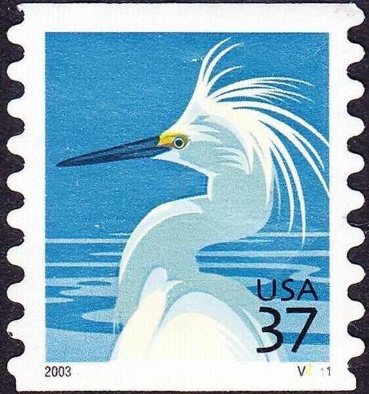 Five (5) unused US postage stamps - Snowy egret / 37 cent stamps / Face value 1.85