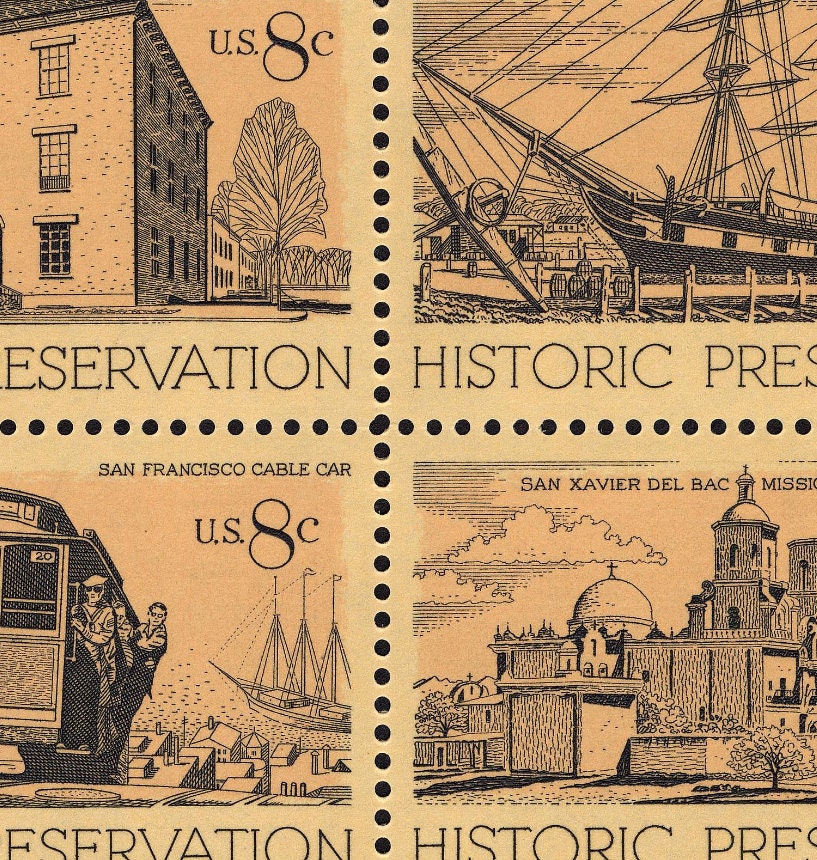 Four (4) vintage unused postage stamps - Historic preservation // 8 cent stamps // Face value 0.32