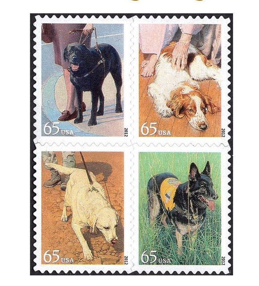 Four (4) unused US postage stamps - Dogs at work // 65 cent stamps // Face value 2.60