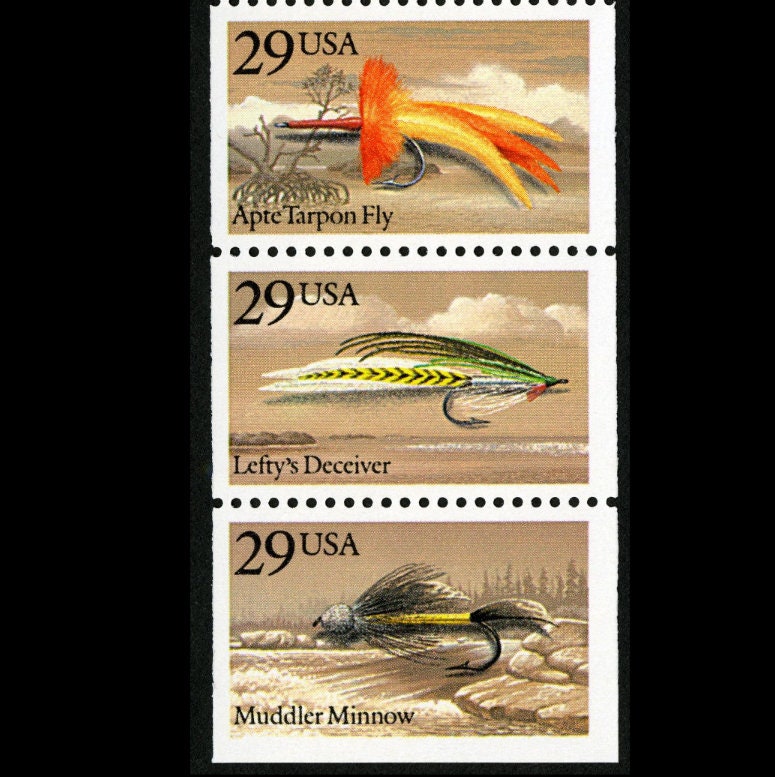 Five (5) vintage unused postage stamps - Fishing flies (lures) // 29 cent stamps // Face value 1.45