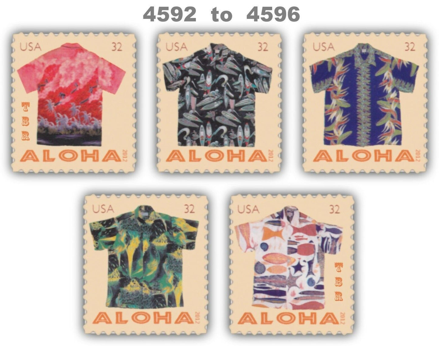 Five 5 vintage unused postage stamps - Aloha shirts / Hawaiian shirts // 32 cents // Face value 1.60