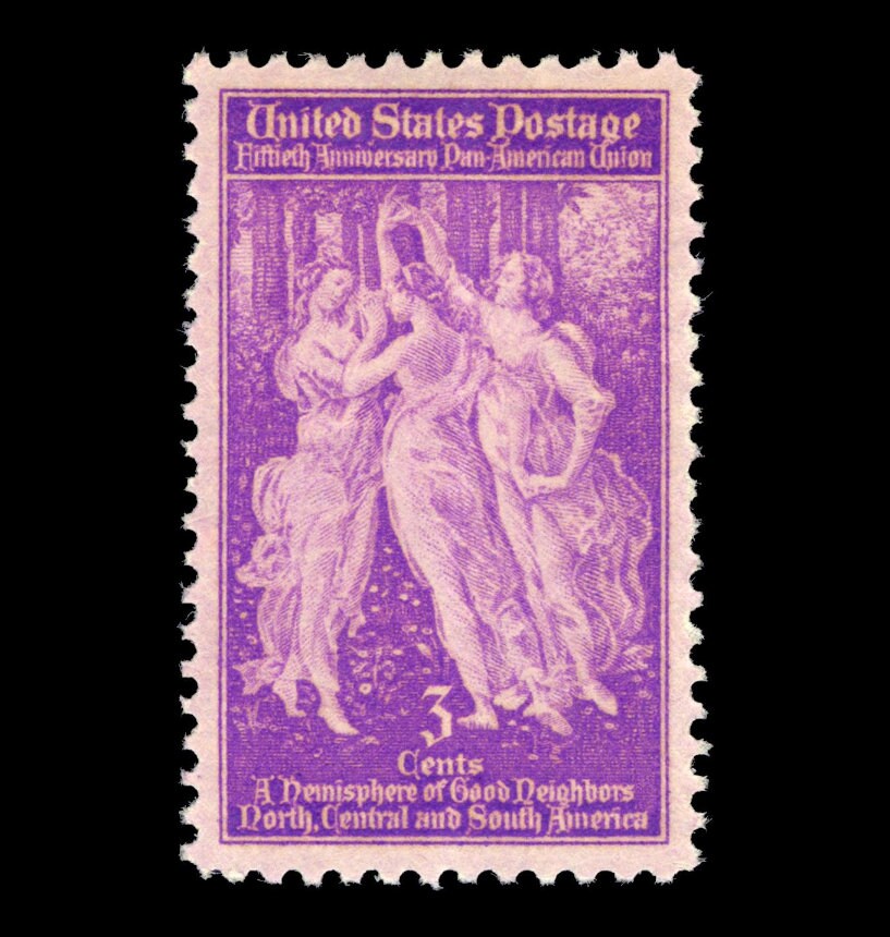 Five (5) vintage unused postage stamps - Pan-American Union, Botticelli, Three graces // 3 cent stamps // face value 0.15