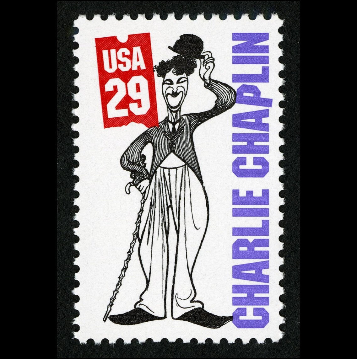 One (1) vintage unused postage stamp - Silent film stars: Charlie Chaplin // 29 cent stamp