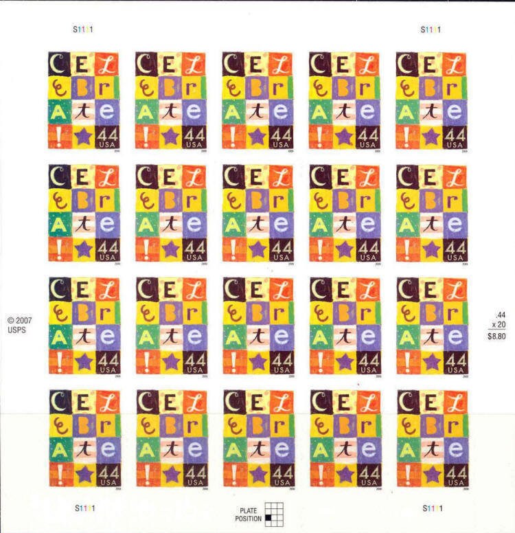 Twenty (20) unused postage stamps - "Celebrate!" // 41 cent stamps // face value 8.20