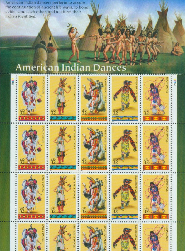 Twenty (20) vintage unused postage stamps - American Indian dances - sheet // 32 cent stamps // Face value 6.40