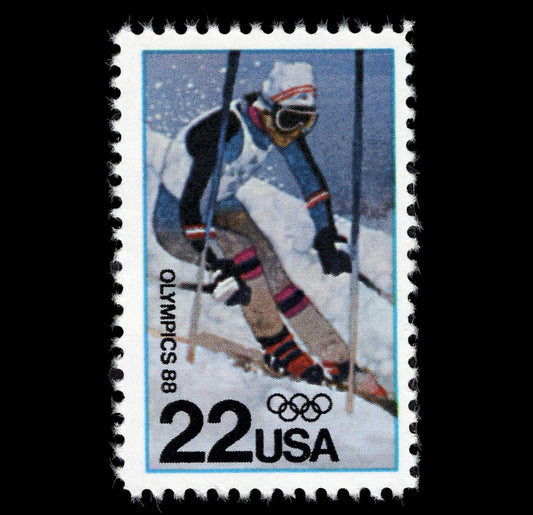 Five (5) vintage unused postage stamps - Olympic skiing // 22 cent stamps // Face value 1.10