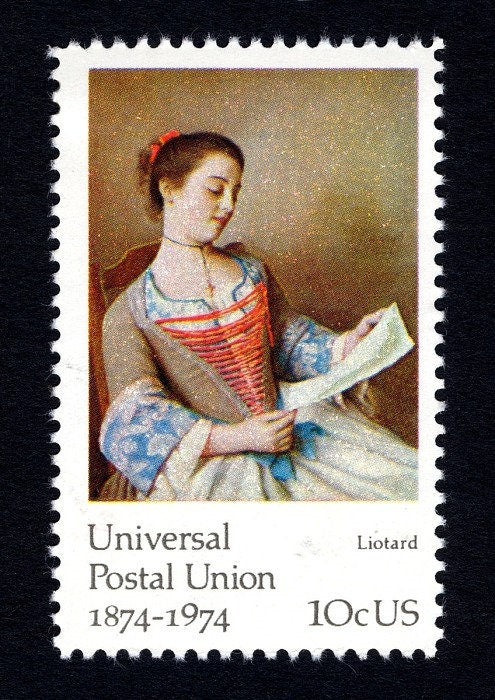 One (1) 10 cent vintage unused oversized postage stamp / Letters Mingle Souls, Universal Postal Union - J.-E. Liotard "The Lovely Reader"