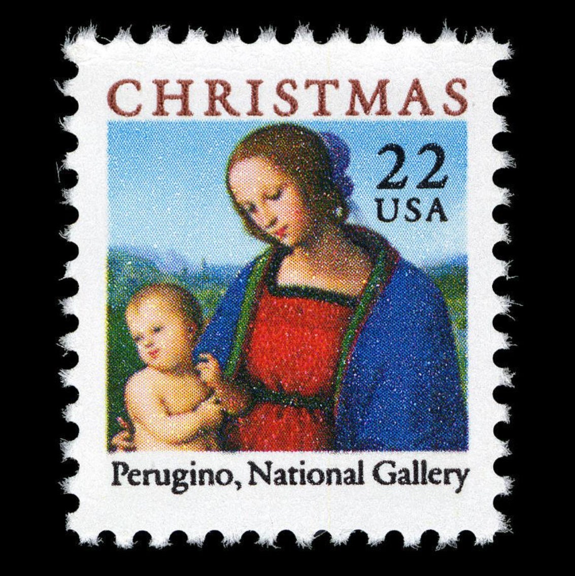 Five (5) vintage unused Christmas postage stamps - Madonna and Child, Perugino // 22 cent stamps // Face value 1.10