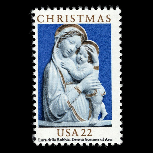 Five (5) vintage unused Christmas postage stamps - Luca della Robbia "Genoa Madonna" // 22 cent stamps // Face value 1.10