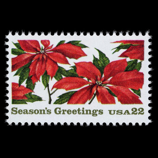 Five (5) vintage Christmas postage stamps - Poinsettia, Season's Greetings // 22 cent stamps // Face value 1.10