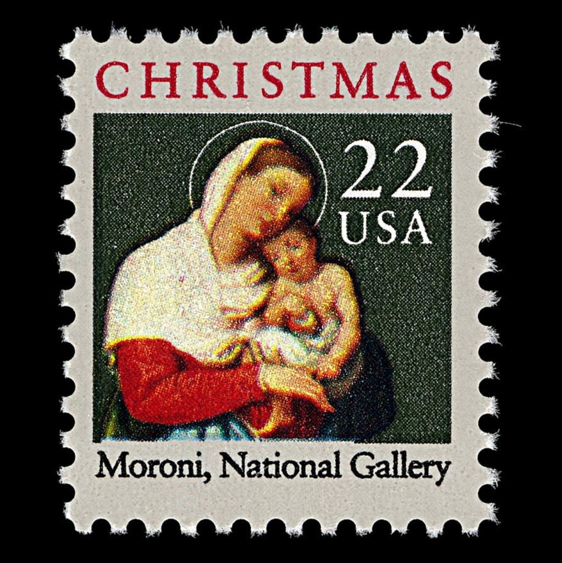 Five (5) vintage unused Christmas postage stamps - Madonna and Child, Moroni // 22 cent stamps // Face value 1.10