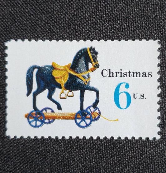 Five (5) vintage unused Christmas postage stamps - Christmas toys: rocking horse // 6 cent stamps // Face value 0.30