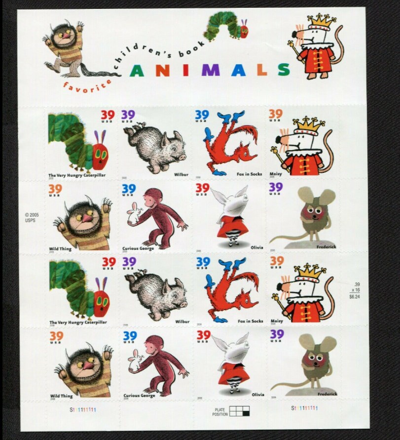 Sixteen (16) unused postage stamps - Favorite children's book animals (sheet) // 39 cent stamps // Face value 6.24