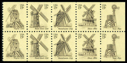 Ten (10) vintage unused postage stamps - Windmills (5 designs) // 15 cent stamps // Face value 1.50