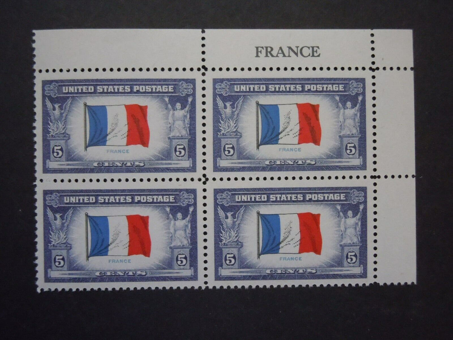 Five (5) vintage unused postage stamps - Overrun countries, 1942-1943: flag of France // 5 cent stamps // face value 0.25