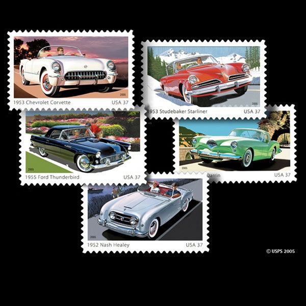 Five (5) unused postage stamps - 50s Sporty Cars // 37 cent stamps // Face value 1.85