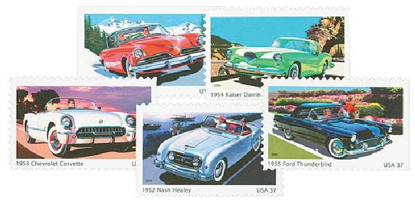 Five (5) unused postage stamps - 50s Sporty Cars // 37 cent stamps // Face value 1.85