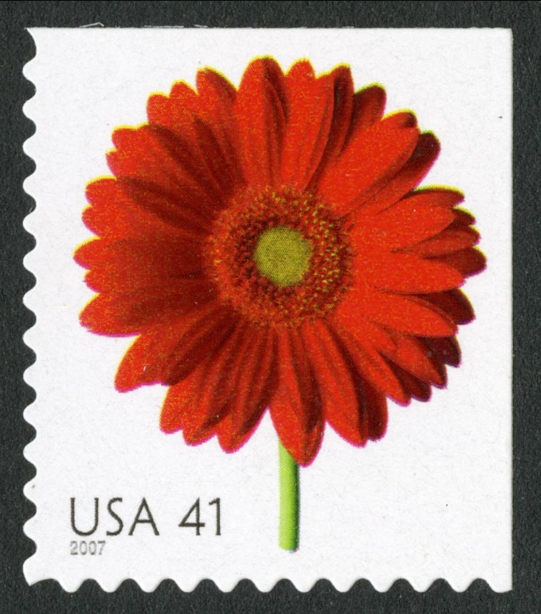 One (1) unused postage stamp - Beautiful Blooms: Red Gerbera Daisy // 41 cent stamps