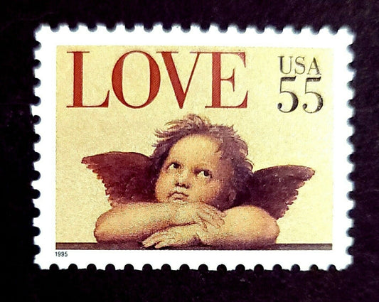 Five (5) vintage unused postage stamps - Angel & Love // 55 cent stamps // Face value 2.75