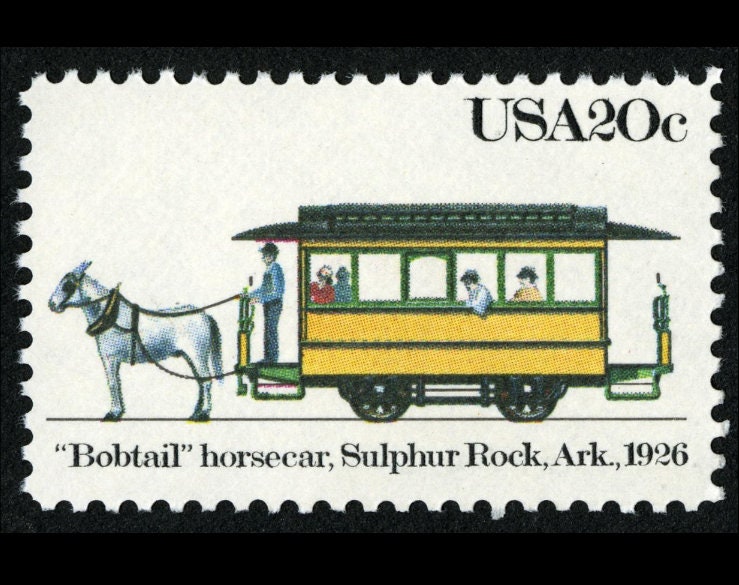 One (1) vintage unused postage stamp - American streetcars: "Bobtail" horsecar, Sulphur Rock, Arkansas, 1926// 20 cent stamp