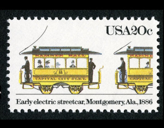 One (1) vintage unused postage stamp - American streetcars: Early electric streetcar, Montgomery, AL 1886// 20 cent stamp