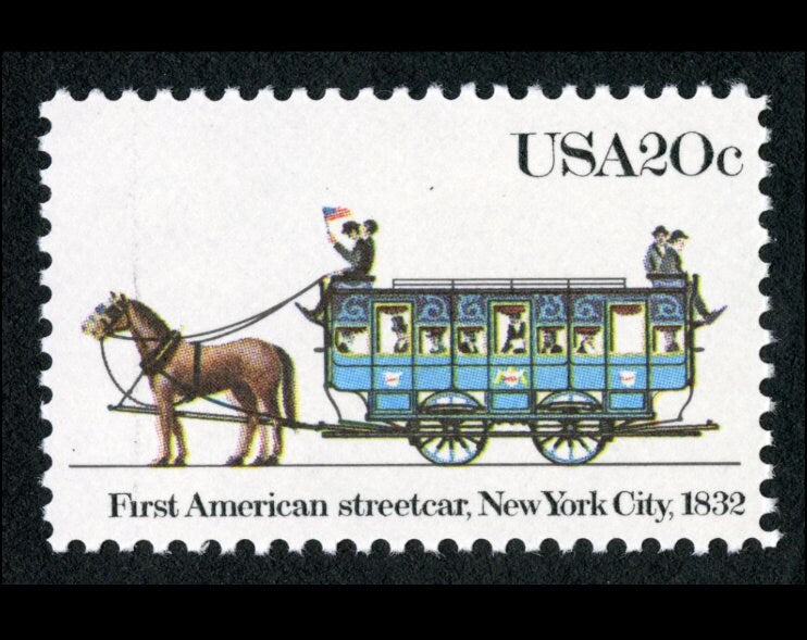 One (1) vintage unused postage stamp - American streetcars: First American streetcar, New York City 1832// 20 cent stamp