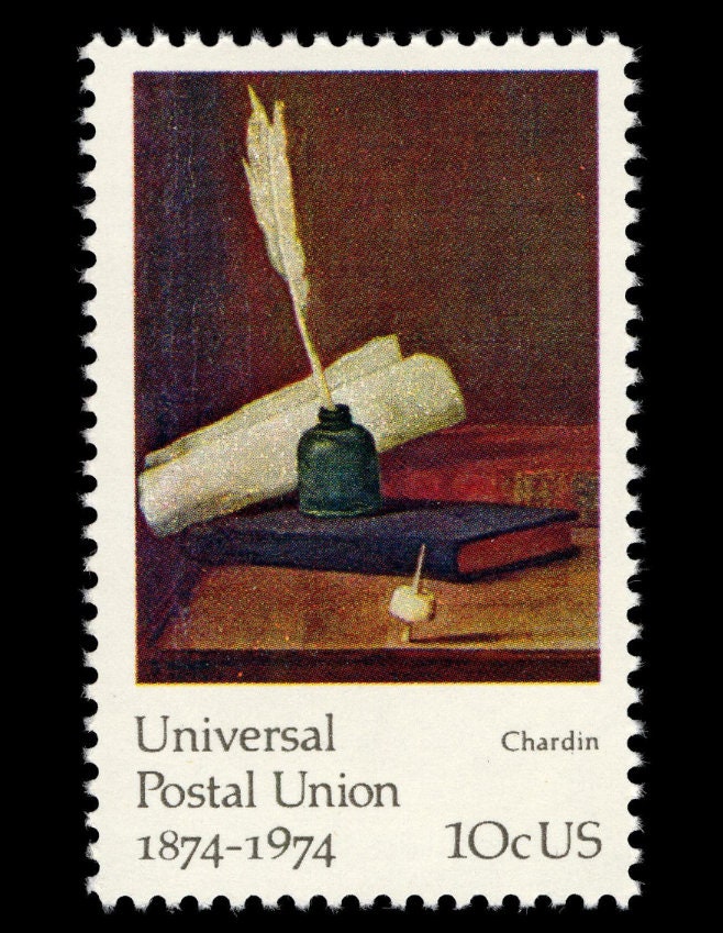 One (1) 10 cent vintage unused oversized postage stamp / Letters Mingle Souls - Jean-Baptiste Chardin "Inkwell & Quill"