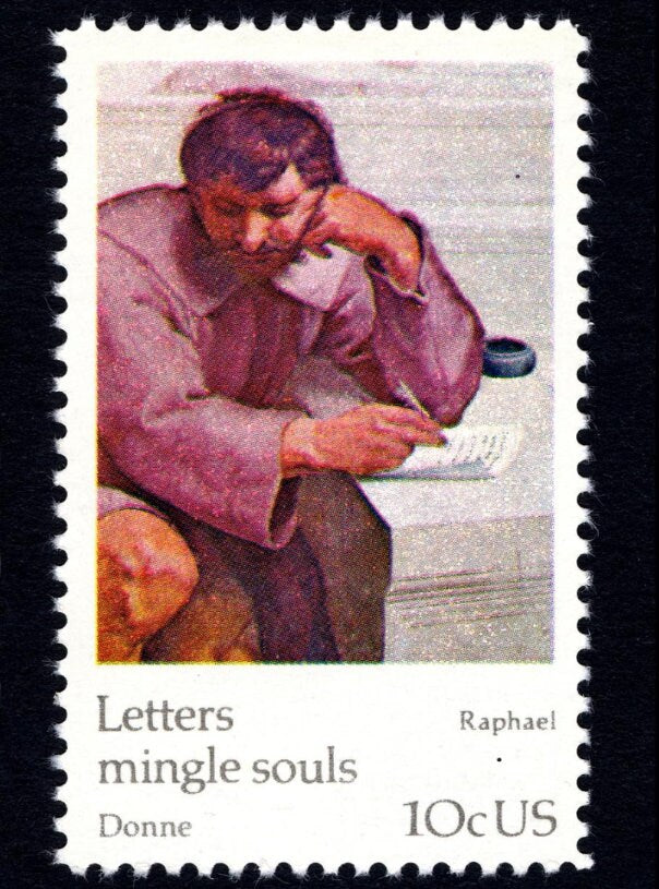 One (1) 10 cent vintage unused oversized postage stamp / Letters Mingle Souls - Raphael, Heraclitus ("School of Athens")