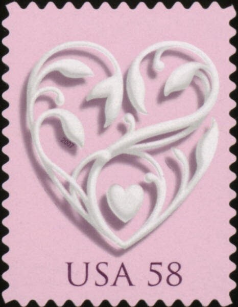 Five (5) unused postage stamps - Love, wedding hearts // 58 cent stamps // Face value 2.90