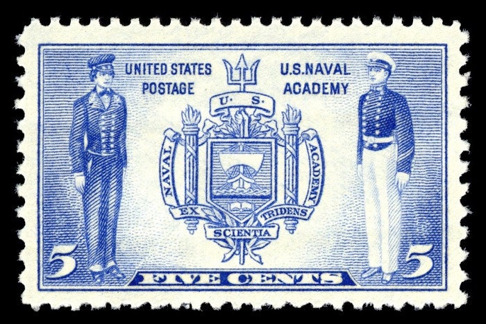 Five (5) vintage unused postage stamps - Naval Academy // 5 cent stamps // face value 0.25