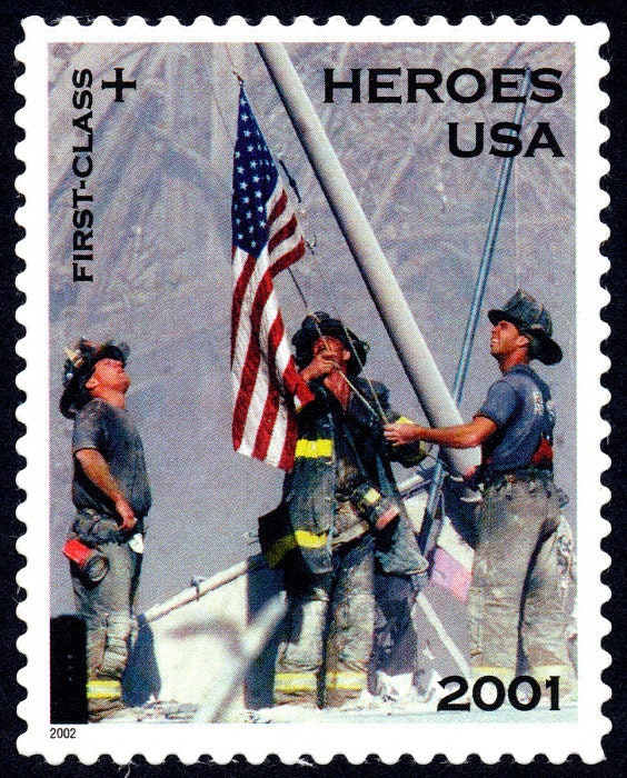 Five (5) vintage unused postage stamps - Firemen atop World Trade Center (semipostal) // 34 cent stamps // Face value 1.70