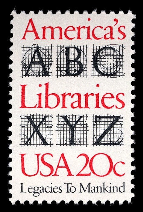 Five (5) vintage unused postage stamps - America's Libraries // 20 cent stamps // Face value 1.00