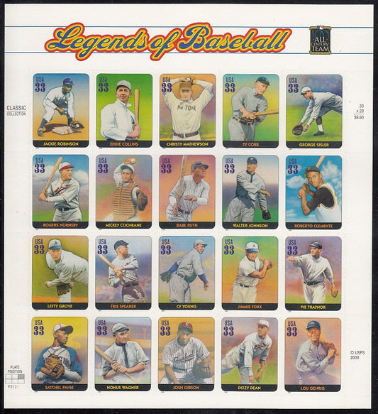 Twenty (20) unused postage stamps - Legends of Baseball // 33 cent stamps // face value 6.60