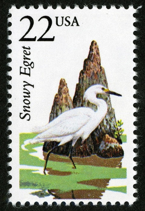 Five (5) vintage unused postage stamps - North American Wildlife: Snowy Egret // 22 cent stamps // Face value 1.10