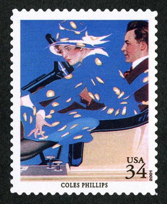 One (1) unused postage stamp - Coles Phillips, 1918 Luxite Hosiery Ad (Fadeaway Girl) / American Illustrators / 34 cent stamp