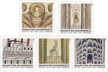 Five (5) vintage unused postage stamps - Martin Ramirez, artist // 5 forever stamps