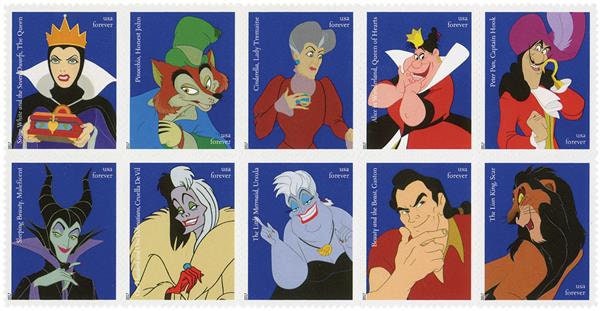 Ten (10) unused postage stamps - Disney Villains // forever stamps