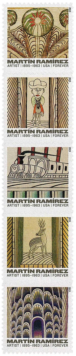 Five (5) vintage unused postage stamps - Martin Ramirez, artist // 5 forever stamps