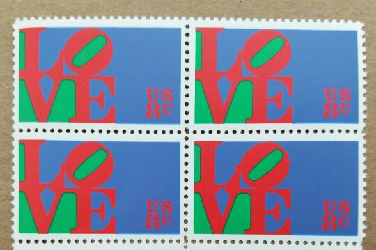 Five (5) vintage unused postage stamps - "Love" by Robert Indiana // 8 cent stamps // Face value 0.40