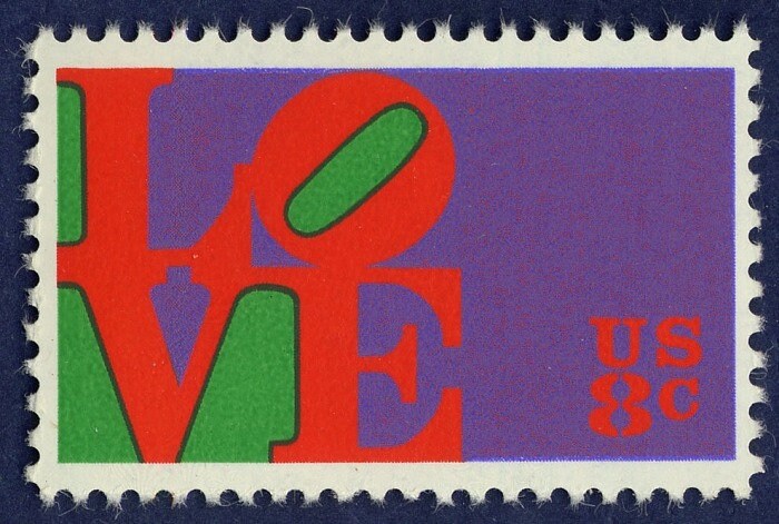 Five (5) vintage unused postage stamps - "Love" by Robert Indiana // 8 cent stamps // Face value 0.40