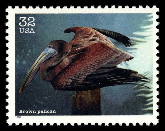 Five (5) vintage unused postage stamps - Brown Pelican (endangered species) // 32 cent stamps // Face value 1.60