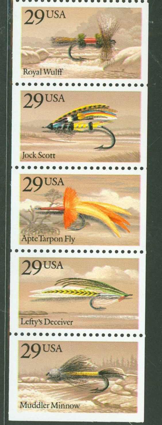 Five (5) vintage unused postage stamps - Fishing flies (lures) // 29 cent stamps // Face value 1.45