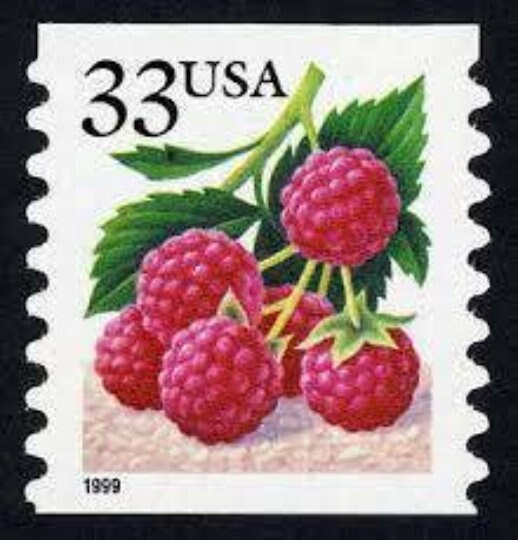 Five (5) vintage unused postage stamps - Raspberry // 33 cent stamps // Face value 1.65