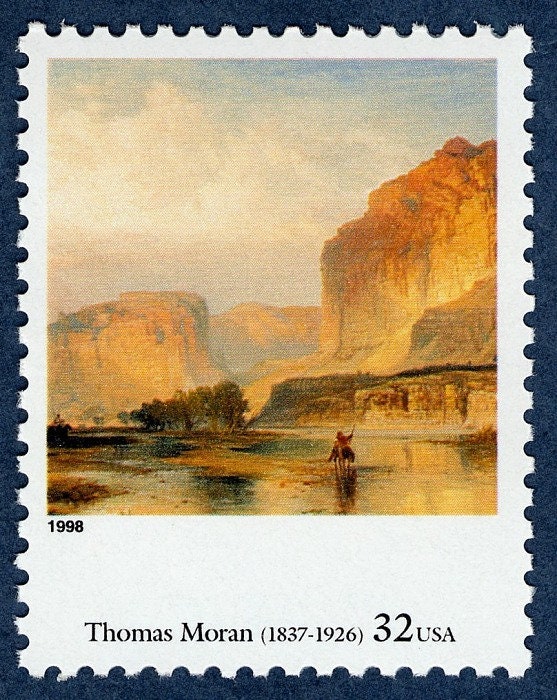 One (1) unused vintage postage stamps - "Cliffs of Green River" by Thomas Moran // 32 cent stamp