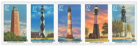 Five (5) unused postage stamps - Southeastern Lighthouses // 37 cents // Face value 1.85