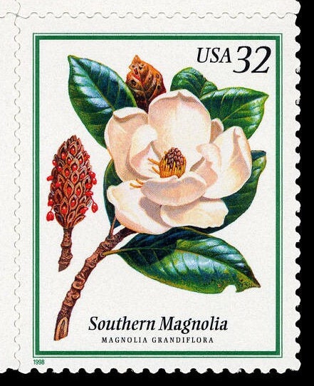 Five (5) unused flower postage stamps - Flowering trees, southern magnolia // 32 cent stamps // face value 1.60