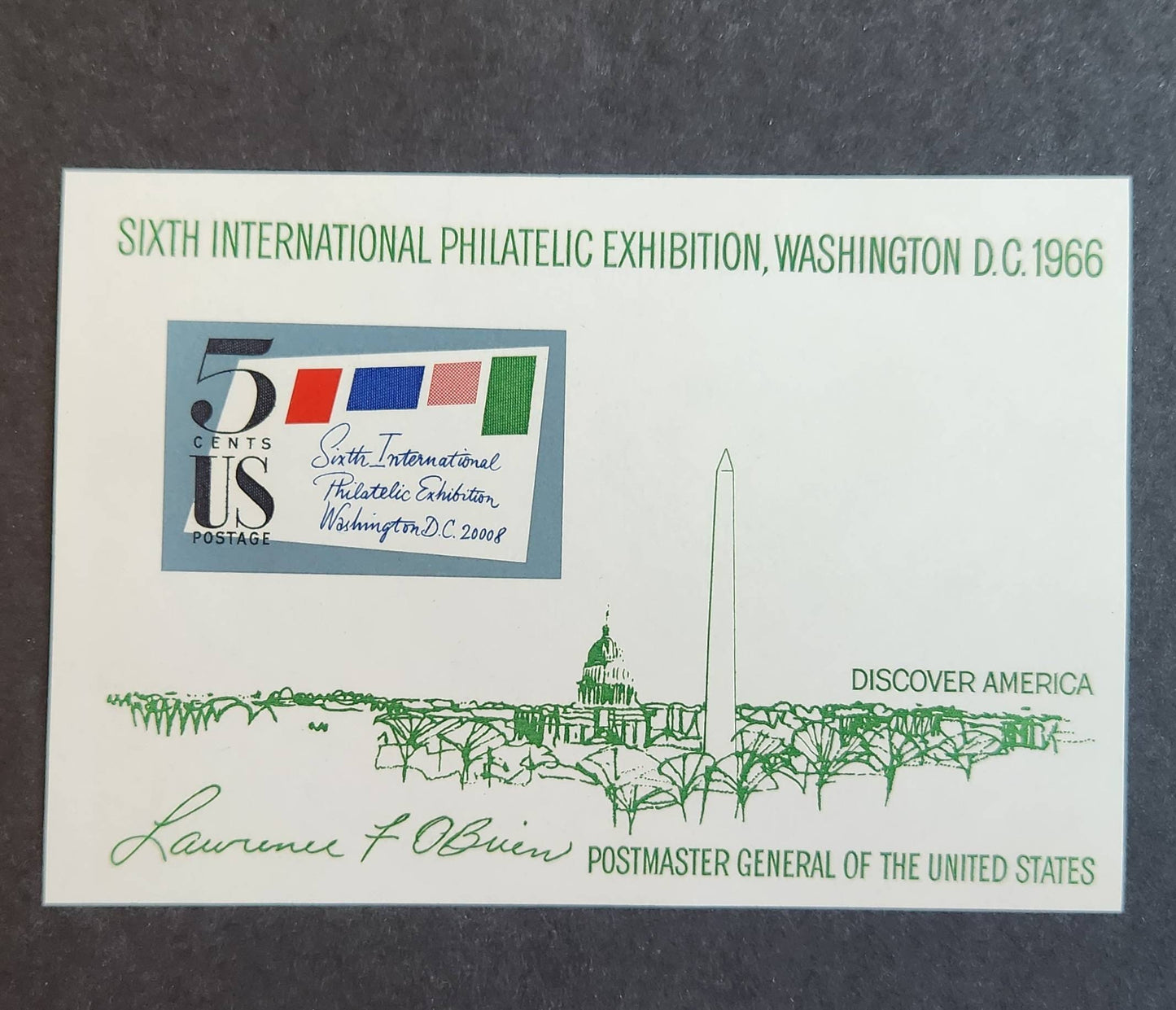 One (1) vintage unused postage stamp mini-sheet - SIPEX 1966 International Stamp Show // 5 cent stamp sheet