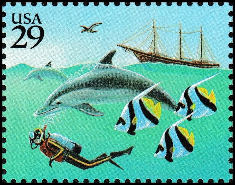 Five (5) vintage unused postage stamps - Wonders of the Sea: dolphin // 29 cent stamps // Face 1.45